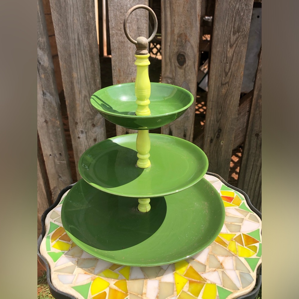 3 Tier MCM Ceramic Serving Dish Forest Green Snack Cheese Appetizer Plates Retro